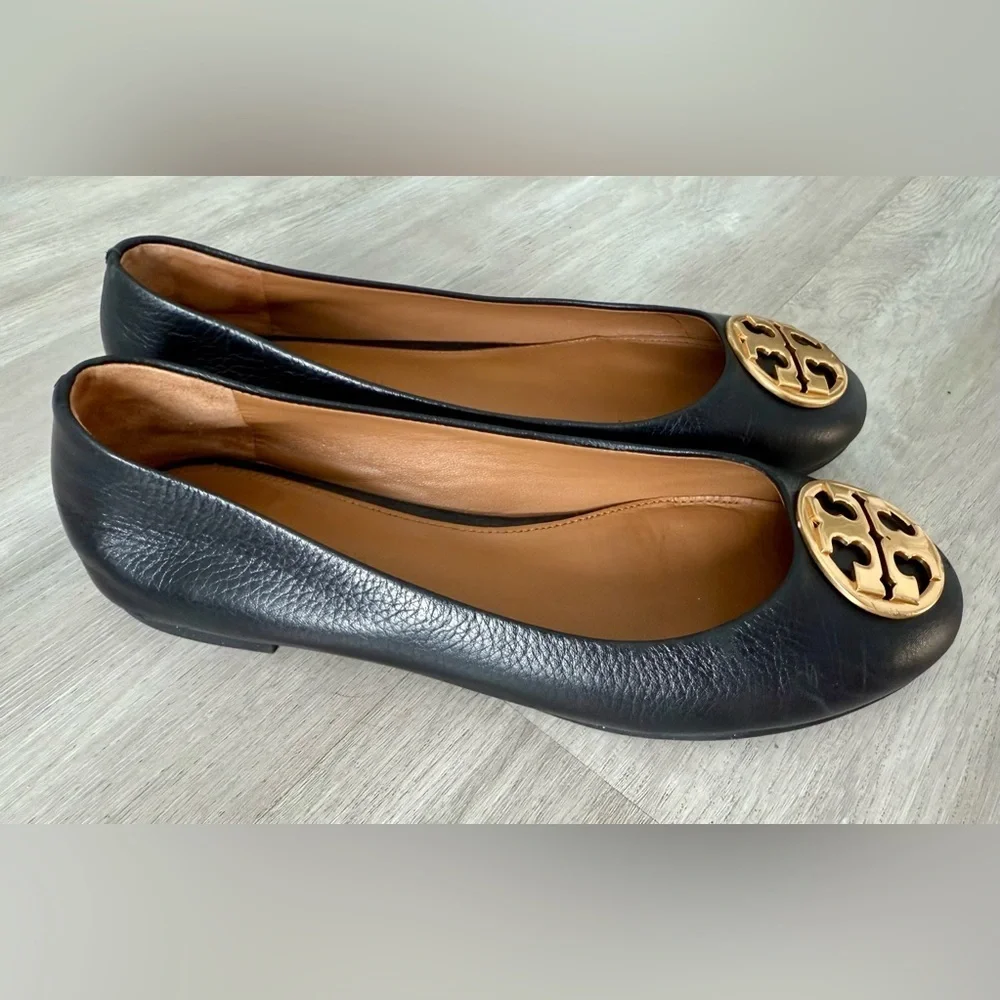 Tory Burch Benton Ballet Flats Shoes Black Nappa Leather Gold Tone Logo Size 6